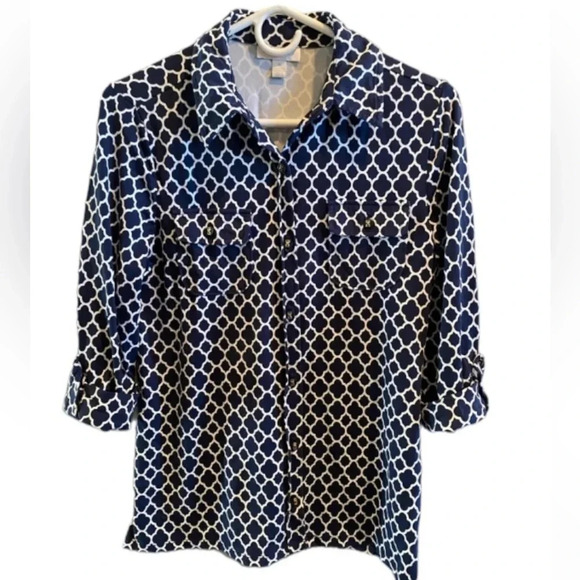 CHARTER CLUB EUC WOMENS TOP SHIRT BLOUSE BUTTON DOWN NAVY SUMMER BLUE SIZE M - Picture 1 of 3